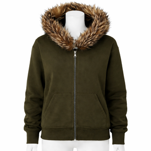 HYPEN SPORTS Sweat à capuche homme en molleton bouclette de coton vieilli, avec capuche amovible en fausse fourrure, fermeture éclair, coupe droite, écologique, style urbain - Product Image 2
