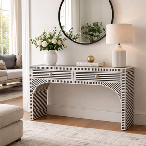 Mesa Hecha a Mano con Incrustaciones de Hueso |   Mesa de entrada geométrica en blanco y negro para decoración del hogar - Product Image 1