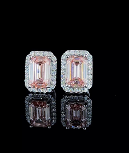 Luxury Emerald-Cut <b>Pink</b> Diamond Halo Stud Earrings Premium Crystal Bridal & Party Wear Earrings for Women - Product Image 1