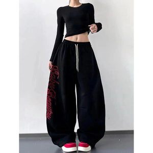 <b>Women's</b> <b>Red</b> Harem Pants High Waist Loose Fit Embroidery Letter Print Drawstring Casual Streetwear Full Length 100% Cotton - Product Image 2