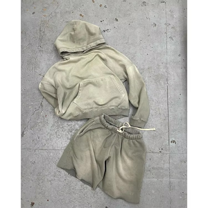 Custom Men's Two-Piece Jogging Tracksuit Acid Washed Sun Faded Sweat Suit with Plus Size Hoodie and Shorts - Product Image 1