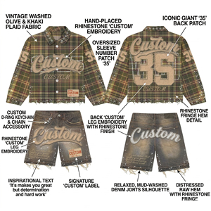 Conjunto de ropa urbana personalizada para hombre Up Felt: Camiseta serigrafiada y pantalones cortos de mezclilla con pedrería desgastada, chándal premium con bordados. - Product Image 3