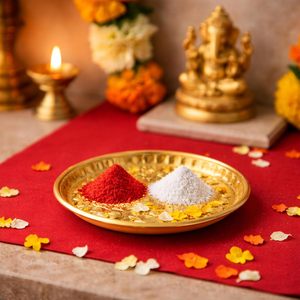 Puja traditionnel en laiton fait main |   Pooja Thali |   Assiette Arati Bartan Thambulam |   Gravé et conçu avec soin - 6 pouces - Product Image 3