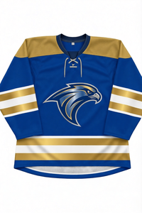Jersey de Hockey sobre Hielo Sublimado Personalizado para Hombre, Manga Larga, Azul con Rayas Doradas, Ropa Deportiva de Poliéster que Absorbe la Humedad - Product Image 1