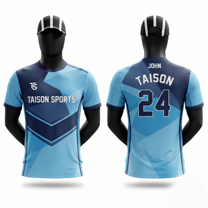 เสื้อแบดมินตันผ้าโพลีเอสเตอร์ตาข่ายพรีเมียม 140 GSM สีน้ำเงินดำ ดีไซน์แผงสี  โลโก้แบบรีดร้อนตามสั่ง แห้งเร็ว แขนสั้น - Product Image 1