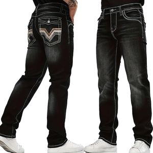 Jeans en denim extensible pour homme, design brodé, coupe classique, décontractée, style streetwear, avec poches - Product Image 2