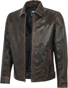 Chaqueta de Motociclista de Cuero Genuino para Hombre, Cuello Camisero, Cierre de Cremallera, Color Marrón Sólido, Largo Regular, para Otoño - Product Image 3