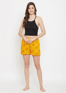 Women's Yellow Floral Printed Shorts <b>Elastic</b> Waist Knitted Cotton Breathable Casual Regular Fit - Product Image 2