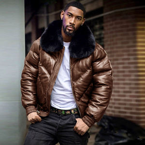 <b>Men's</b> Black PU Puffer <b>Jacket</b> With Fur Collar Zipper Closure Winter Thick Windproof Moto Style <b>Short</b> Length - Product Image 6