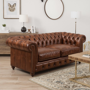 2 Seater Leather <b>Sofa</b> with Tufted Back Classic Chesterfield Style for Living Room Vintage Design with Deep Button Detailing - Product Image 1
