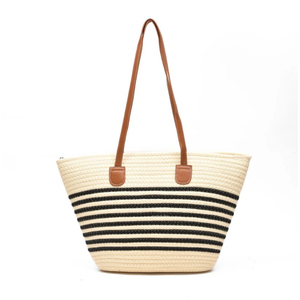 Sac de plage en corde tressée bleu marine et blanc rayé, fait main, doux, imperméable, en coton, sac à bandoulière d'été, sac de shopping - Product Image 5