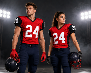 Ensemble d'uniformes de football américain personnalisés respirants rouge et noir 24 pour hommes et femmes en polyester unisexe pour adultes, maillot et pantalon de sport - Product Image 1
