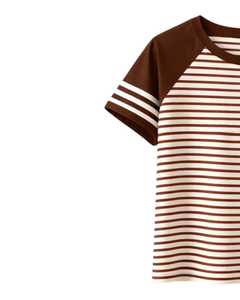 Camiseta Raglán Personalizada a Rayas Marrón Café y Blanco, de Algodón, Informal, para Verano, con Mangas en Contraste y Cuello Redondo, Fabricante OEM - Product Image 3