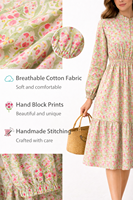 Robe longue trapèze élégante et moderne pour femme, imprimé floral artisanal, col à volants, manches longues, superposée, Kali Gadder Best