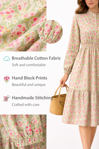 ชุดเดรสยาวพิมพ์ลายดอกไม้สำหรับผู้หญิง ดีไซน์หรูหรา คอระบาย แขนยาว แต่งระบายเป็นชั้นๆ ผ้าคัลลี่ แกดเดอร์ ให้ความสบายเป็นพิเศษ - Product Image 5