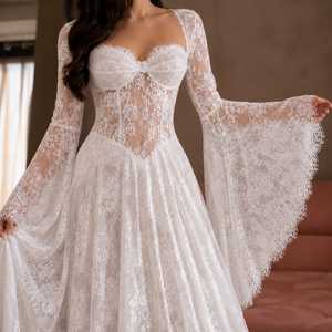 Robe de soirée longue élégante pour femme, en dentelle Chantilly blanche, imprimé floral, appliques classiques, écologique, transparente, avec corset et coupe cloche - Product Image 2