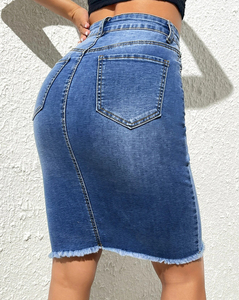 Nueva Falda Midi de Mezclilla de Algodón Deshilachada de Cintura Alta y Elástica para Mujer - Estilo Elegante y Ajustado - Product Image 5