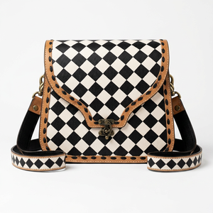 Vintage Genuine Leather Lightweight Shoulder Bag Black White Diamond Lattice Pattern Single Strap Lock Closure All Seasons Carry - Product Image 1