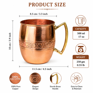 Mug à Moscow Mule 100% cuivre pur avec poignée en laiton |   Mug à boire en cuivre gravé à la main |   Gobelet d'eau ayurvédique premium 500 ml - Product Image 4