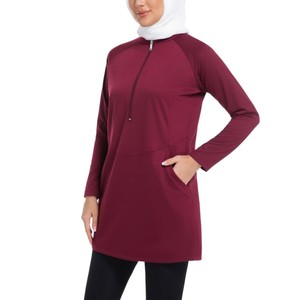Modest Sportswear <b>Women's</b> Long Sleeve Zip Front <b>Tunic</b> Top Burgundy Casual Activewear <b>Dress</b> with Pockets - Product Image 2