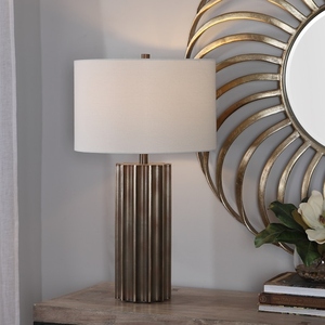 Modern Retro Brown Resin <b>Table</b> Lamp Nordic Fluted Base LED <b>Bedside</b> Light Textured Fabric Shade for Bedroom Home Decor - Product Image 4