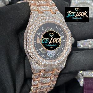 Iced Out Moissanite Mechanical <b>Watch</b> <b>Skeleton</b> Dial Quartz Movement Stainless Steel Band Luxury Unisex Hip Hop Style Analog Dial - Product Image 3
