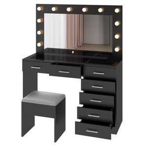 Large Lighted 12 LED Mirror Makeup Vanity Desk Set with 7 Drawers Glass Top Power Outlet-Elegant Vanity Table - Product Image 6