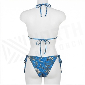 Conjunto de bikini de 2 piezas con estampado floral azul para mujer, cuello halter, parte inferior con lazo lateral, traje de baño elástico - Product Image 2