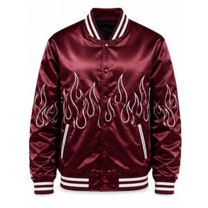 Chaqueta Varsity de Satén Color Granate para Hombre con Bordado de Llama Blanca, Corte Regular, Cuello Camisero, Cierre de Botón, Estilo Casual para Otoño - Product Image 2