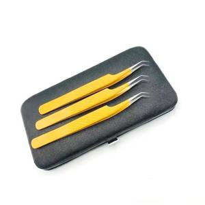 Ensemble de pinces à cils en acier inoxydable de précision, manche jaune, pointe lisse, 3 pièces pour outils d'extension de cils - Product Image 3