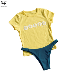 Buen Proveedor, Conjuntos de Bikini de Dos Piezas de Poliéster y Spandex con Diseño Floral y Cuello Redondo, Manga Corta, Último Diseño Personalizado - Product Image 4
