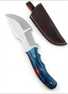 Cuchillo Recurvo Hecho a Mano de Acero Inoxidable con Mango de Madera Pakkawood Azul y Funda de Cuero - Product Image 4