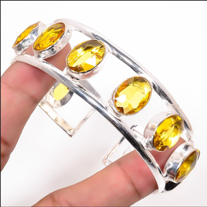Handmade Yellow Opal Gemstone <b>Cuff</b> <b>Bracelet</b> <b>Silver</b> Plated Stainless Steel Vintage Elegant Natural Stone Unisex Stylish Fashion - Product Image 2