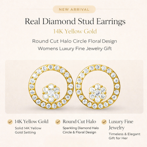 New Arrival Real Diamond <b>Stud</b> <b>Earrings</b> 14K Yellow Gold | Round Cut Halo Circle Floral Design Womens Luxury <b>Fine</b> Jewelry Gift - Product Image 5