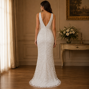 Elegant White Lace Mermaid Wedding Dress for Women V Neck Sleeveless Bridal Gown Floral Embroidered Formal Maxi Dress Luxury - Product Image 4
