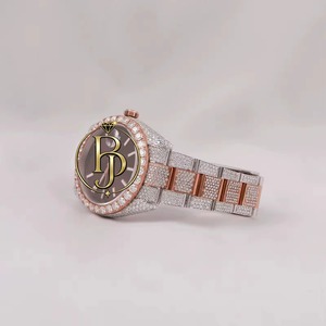 Luxury Square Quartz Glass Fully Iced <b>Men</b> Two-Tone Rose <b>Gold</b> Brown Dial Stainless Steel Eco-Friendly Lightweight 10 Bar <b>Watch</b> - Product Image 2