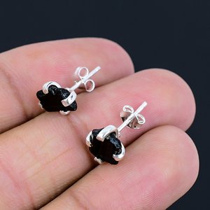 Handmade 925 Sterling Silver <b>Fine</b> <b>Stud</b> <b>Earrings</b> Unique Design Natural Black Tourmaline Gemstone Women Fashion Jewelry Exporter - Product Image 1