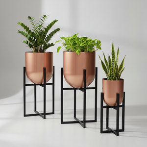 Copper Metal Planters with Black Stand Minimalist Indoor Flower Pots for Green <b>Plants</b> Home Decor - Product Image 1
