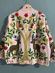Unique Touch Beautiful Hand Embroidered Suzani Jacket Floral Deer Motif Statement Boho Cotton <b>Velvet</b> <b>Coat</b> Folk Art Winter Blazer - Product Image 6