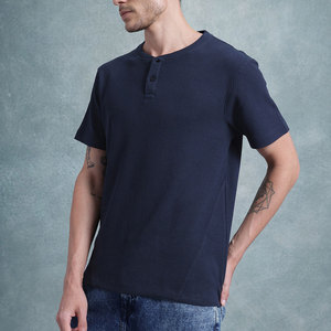 T-shirt en tricot à manches courtes pour homme, col rond, couleur unie, respirant, coupe classique, vêtements décontractés, bleu marine - Product Image 3