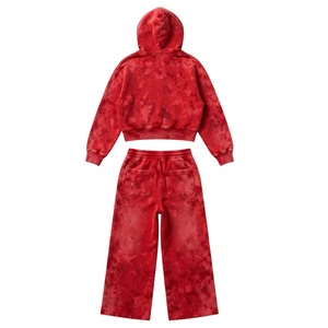 Red Acid Wash Winter <b>Velvet</b> Two Piece Tracksuit Set Cropped Zip <b>Hoodie</b> Wide Leg Sweatpants Casual Streetwear Matching Outfit - Product Image 2