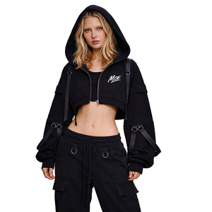 Veste courte zippée personnalisée pour femme, style gothique punk techwear, avec sangle à boucle et anneau en D, manches oversize, streetwear, en polaire - Product Image 3