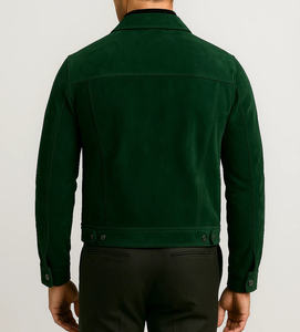 Veste en cuir suédé vert pour homme avec fermeture éclair, col rabattable, style décontracté, respirante et coupe-vent pour l'hiver - Product Image 2
