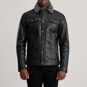Men's Genuine Leather Moto Jacket Turn-down Collar Button Closure Faux <b>Fur</b> Lining Windproof Slim Fit Winter Wear Solid Color - Product Image 5