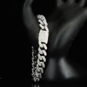 925 Solid <b>Silver</b> Cuban Link Chain <b>Bracelet</b> 12mm & 17mm Wide 2-Row Free Fire Moissanite & Diamond Stylish <b>Bangles</b> - Product Image 1