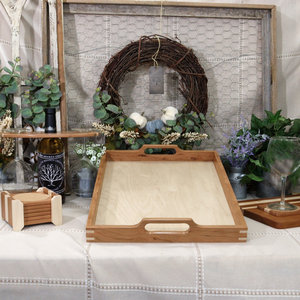 Plateau de service rond en bois style Art Déco, avec base à lattes et poignées latérales intégrées, vente en gros - Product Image 2