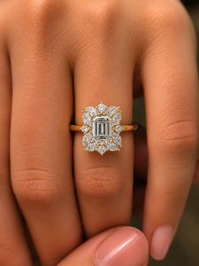 <b>14K</b> Solid <b>Gold</b> Emerald Cut Lab Grown Diamond IGI Certified Diamond Floral Cluster Engagement <b>Rings</b> Marquise Bridal Wedding <b>Rings</b> - Product Image 2