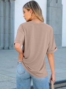 Nouveau T-shirt uni de qualité supérieure pour femme, vente en gros, vêtement décontracté d'été avec poche, couleur unie - Product Image 3