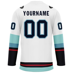 เสื้อฮอกกี้แบบกำหนดเอง OEM ขายส่งจากผู้ผลิตในสหรัฐอเมริกา ชุดฮอกกี้น้ำแข็งแบบสั่งทำพิเศษ พิมพ์ลายแบบ Sublimation ปักโลโก้ จำนวนมาก 100% - Product Image 6