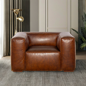 Fauteuil contemporain en cuir marron avec pieds en bois massif, canapé individuel confortable pour salon et appartement - Product Image 5